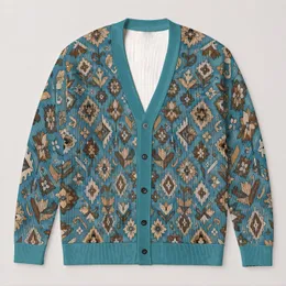 Teal Geometric Folk Motifs for Relaxed Everyday Layering and Weekend Style All-over Print Knitted Cardigan