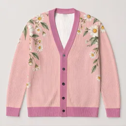 Pink Daisy Floral Blossoms for Romantic Everyday Layering in Women's Autumn Style All-over Print Knitted Cardigan