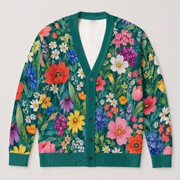 Colorful Wildflower Garden Motif for Relaxed Everyday Layering and Weekend Outings All-over Print Knitted Cardigan
