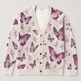 Purple Butterfly Motifs for Autumn Outings and Relaxed Everyday Layering for Women All-over Print Knitted Cardigan