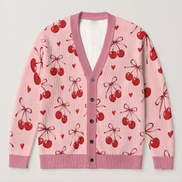 Red Cherry Heart Motif for Sweet Valentine Outfits and Everyday Romantic Layering All-over Print Knitted Cardigan