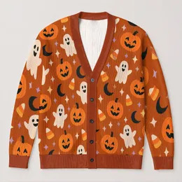 Halloween Pumpkin Ghost Moon Motifs For Cozy Autumn Layering And Seasonal Parties Women All-over Print Knitted Cardigan