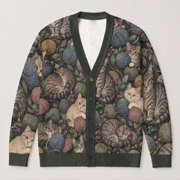 Cozy Cat And Thread Ball Motif For Relaxed Weekend Layering, Cat Lover Gift Idea All-over Print Knitted Cardigan