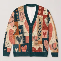 Heart Patchwork Motif for Cozy Autumn Layering, Romantic Everyday Style for Women All-over Print Knitted Cardigan