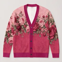 Romantic Pink Rose Border for Autumn Layering and Everyday Women's Weekend Outings All-over Print Knitted Cardigan