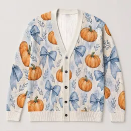Pumpkin And Blue Bow Autumn Style For Halloween Gatherings And Cozy Days For Women All-over Print Knitted Cardigan