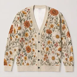 Rust Wildflower Meadow Motifs for Relaxed Everyday Layering, Women’s Botanical Style All-over Print Knitted Cardigan