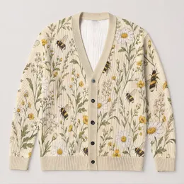 Bumblebee Daisy Meadow Motif for Relaxed Cottagecore Layering and Everyday Style All-over Print Knitted Cardigan