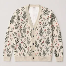 Delicate Evergreen Sprigs and Rosebud Accents for Cozy Everyday Layering for Women All-over Print Knitted Cardigan