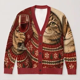Christmas Cat Holding Wine Glass for Cozy Holiday Gatherings, Women’s Seasonal Gift All-over Print Knitted Cardigan