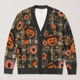 Pumpkin Witch Hat Floral Autumn Halloween Layering Gift Idea for Women and Witches All-over Print Knitted Cardigan