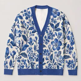 Blue Botanical Blooms For Relaxed Everyday Layering, Weekend Strolls, And Garden Lovers All-over Print Knitted Cardigan