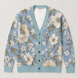 Blue Cream Floral Blooms for Relaxed Layering and Everyday Cottage Style All-over Print Knitted Cardigan
