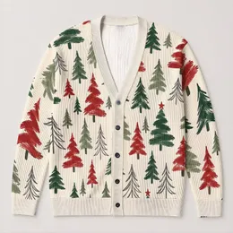 Hand-Painted Christmas Trees for Festive Winter Layering and Youthful Holiday Style All-over Print Knitted Cardigan