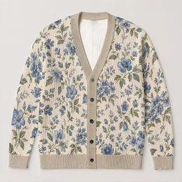Blue Wildflower Garden for Relaxed Layering, Weekend Outings, and Cottagecore Style All-over Print Knitted Cardigan