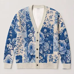 Blue And White Floral Patchwork Blooms For Relaxed Everyday Layering And Cottage Women All-over Print Knitted Cardigan