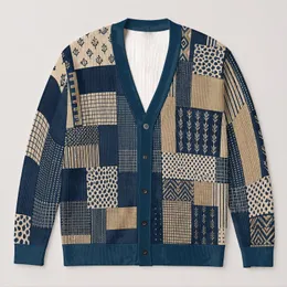 Navy Beige Geometric Patchwork for Relaxed Weekend Layering and Modern Art Lovers All-over Print Knitted Cardigan