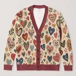 Colorful Hand-Drawn Heart Motifs for Romantic Everyday Layering and Creative Women All-over Print Knitted Cardigan
