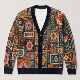 Women's Colorful Floral Square Motifs for Casual Layering and Boho Weekend Style All-over Print Knitted Cardigan