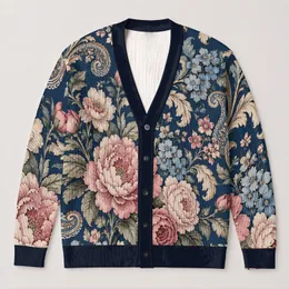 Baroque Floral Medallion Navy Layering Style for Romantic Everyday Wardrobe Dressing All-over Print Knitted Cardigan