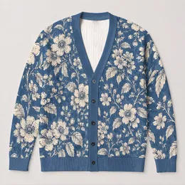 Blue Botanical Blooms for Relaxed Weekend Layering and Garden Strolls, Women’s Style All-over Print Knitted Cardigan