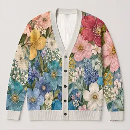 Colorful Wildflower Collage for Relaxed Everyday Layering and Garden-Inspired Style All-over Print Knitted Cardigan