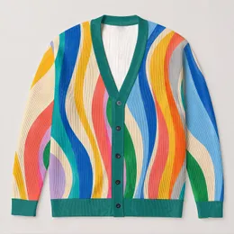 Rainbow Wave Stripes for Colorful Layering and Relaxed Weekend Streetwear Outfits All-over Print Knitted Cardigan
