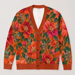 Vibrant Orange Floral Blooms For Colorful Everyday Layering And Garden Gatherings All-over Print Knitted Cardigan