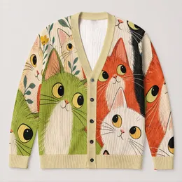 Colorful Cat Faces For Relaxed Spring Layering And Everyday Casual Wardrobe Styling All-over Print Knitted Cardigan