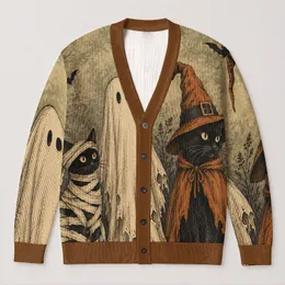 Halloween Black Cat Ghost Trio for Autumn Gatherings and Layering with Whimsical Charm All-over Print Knitted Cardigan