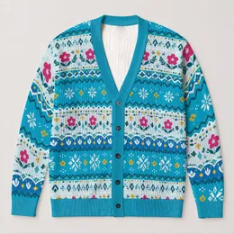 Turquoise Fair Isle Florals for Cozy Autumn Layering, Women’s Nordic Holiday Style All-over Print Knitted Cardigan