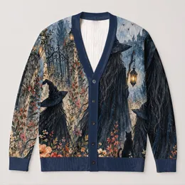 Moonlit Witch Garden for Halloween Evenings and Autumn Layering, Women’s Seasonal Style All-over Print Knitted Cardigan