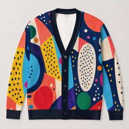 Colorful Abstract Geometric Circles For Casual Office Layering Women's Autumn Style All-over Print Knitted Cardigan
