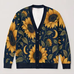 Sunflower Moon Botanical Motif for Autumn Layering, Women's Office and Streetwear Style All-over Print Knitted Cardigan