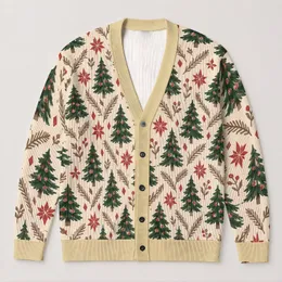 Evergreen Tree And Red Star Holiday Motif For Cozy Autumn Winter Layering At Home All-over Print Knitted Cardigan
