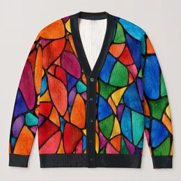Jewel-Tone Mosaic Blooms for Autumn Layering and Colorful Everyday Women's Style All-over Print Knitted Cardigan
