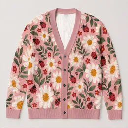 Daisy And Ladybug Floral Charm for Relaxed Autumn Layering, Women's Everyday Style All-over Print Knitted Cardigan