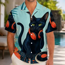 Retro Black Cat DJ Headphones for Beach Parties, Summer Travel, and Music Lovers Hawaiian Shirt