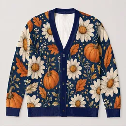 Pumpkin Daisy Autumn Garden Motifs for Cozy Fall Layering, Women's Seasonal Style All-over Print Knitted Cardigan