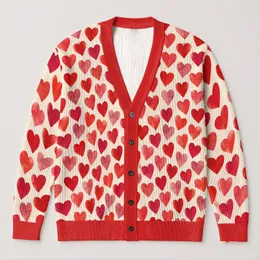 Red Heart Motif Layering Essential for Valentine's Day and Cozy Everyday Wear for Women All-over Print Knitted Cardigan