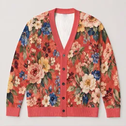 Coral Floral Bouquet Motifs For Romantic Autumn Layering And Everyday Women's Style All-over Print Knitted Cardigan