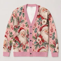 Santa Claus Pink Holiday Botanical Style for Festive Layering and Christmas Gatherings All-over Print Knitted Cardigan