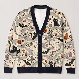 Halloween Ghosts, Black Cats and Candy Corn for Cozy Autumn Layering at Home or Out All-over Print Knitted Cardigan