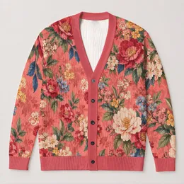 Bright Coral Floral Blooms for Spring Layering and Semi-Formal Days for Women’s Everyday Wear All-over Print Knitted Cardigan