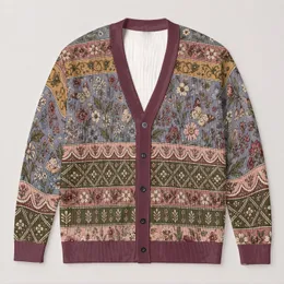 Vintage Floral Botanical Bands for Relaxed Spring Layering, Women’s Everyday Style All-over Print Knitted Cardigan