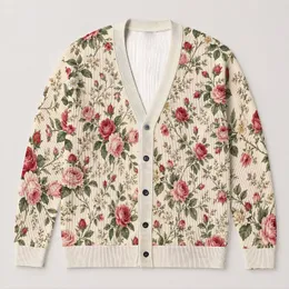 Rose Bouquet Motifs for Relaxed Autumn Layering, Women's Romantic Cottage Style Wear All-over Print Knitted Cardigan