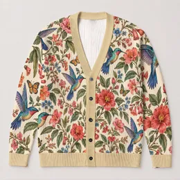Hummingbird Floral Garden Motifs for Relaxed Everyday Layering, Women’s Nature Style All-over Print Knitted Cardigan