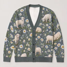 Sheep And Daisy Meadow Motif For Cozy Fall Layering And Countryside Weekend Style All-over Print Knitted Cardigan