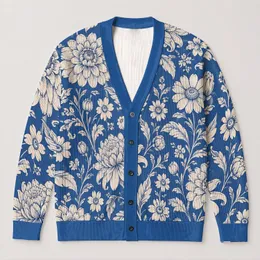 Blue Cream Botanical Floral Motifs for Autumn Layering and Everyday Office Style for Women All-over Print Knitted Cardigan