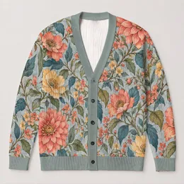 Colorful Botanical Blooms For Casual Autumn-Winter Layering And Everyday Womenswear All-over Print Knitted Cardigan